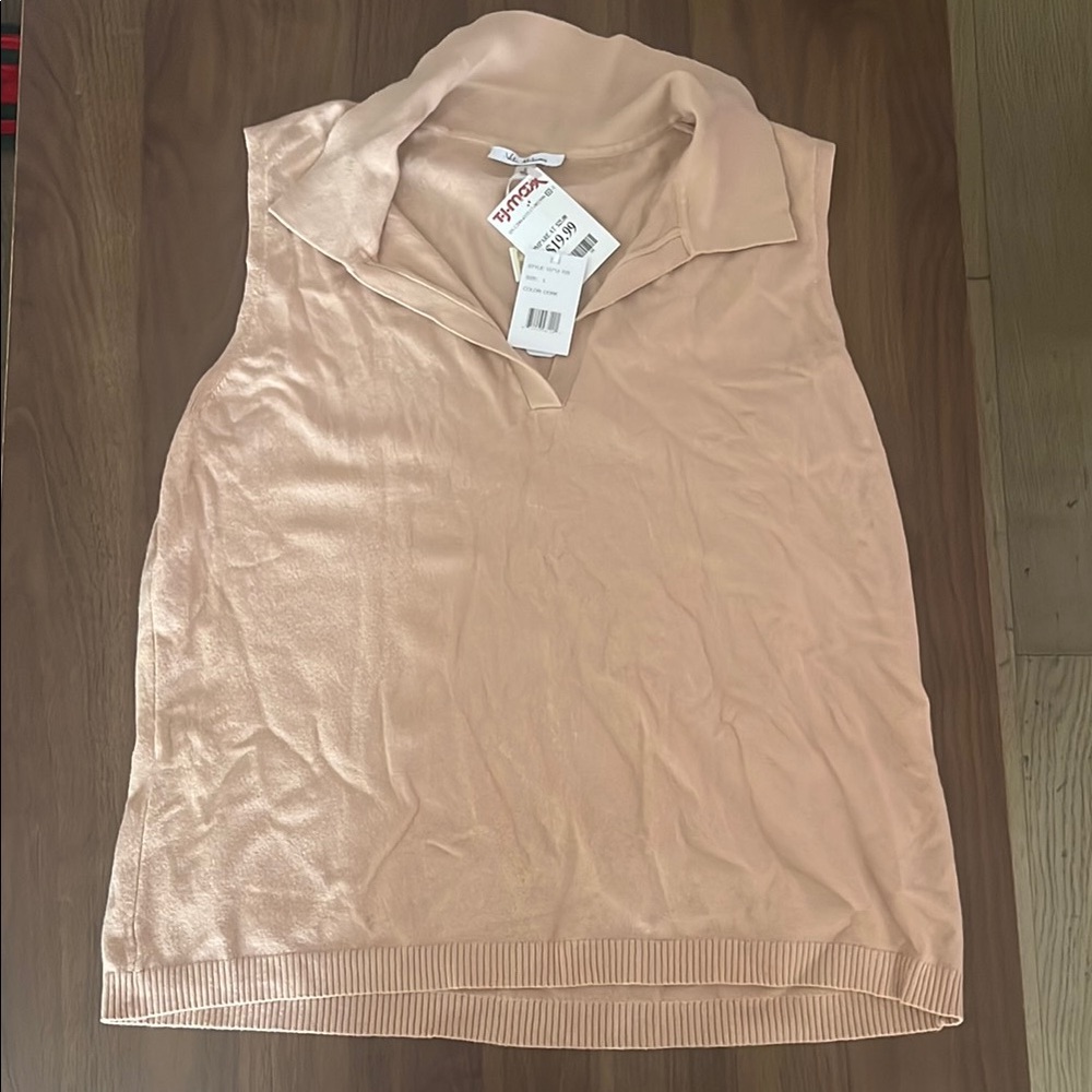 Tan Sleeveless Polo Collar Blouse